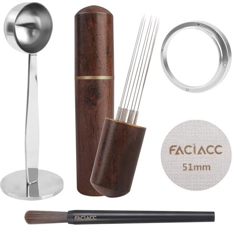 FACIACC Wdt Tool Lot de 5 accessoires pour expresso, entonnoir doseur et écran de palette, tampon à expresso 2 en 1 de 51 mm et cuillère à café, kit barista, mélangeur à expresso 8 broches en acier