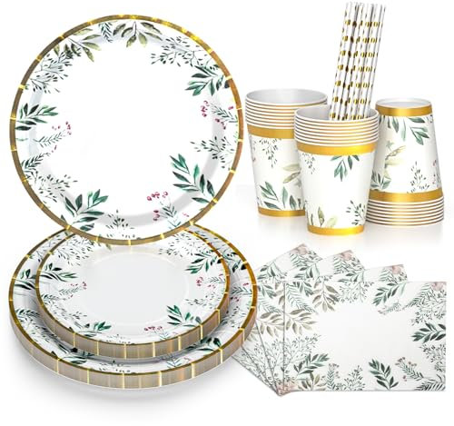 DN DENNOV Lot de 80 assiettes en papier vert sauge comprenant des assiettes en papier pour le plat principal, des assiettes d'accompagnement, des gobelets, des pailles et des serviettes pour 16