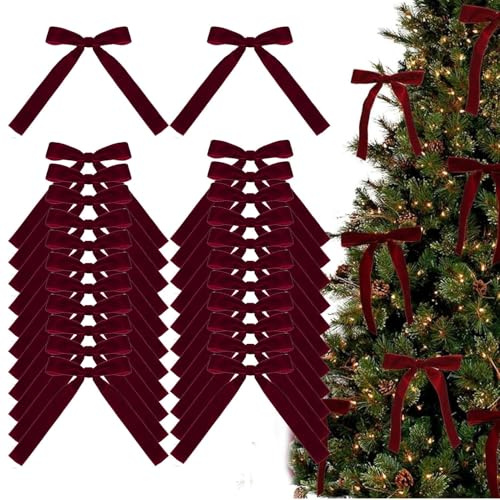 24 Piezas Lazos Rojos para Arbol de Navidad | 7x5 Pulgadas Lazos de Terciopelo para Árbol de Navidad | Lazos de Terciopelo Rojo Burdeos | Lazos de Cinta de Terciopelo para Decoraciones Navideñas