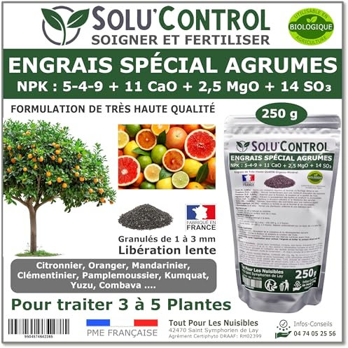 Engrais Spécial Agrumes 250 g - SoluControl - Formulation haute qualité Organo-Minerale - Citronnier, Oranger, Mandarinier, Clémentinier, Pamplemoussier, Kumquat, Yuzu, Combava ...