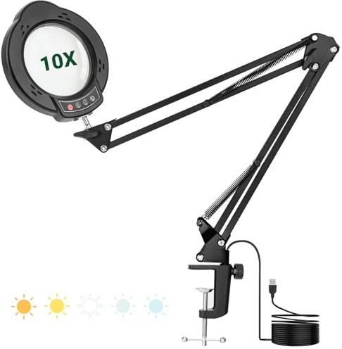 WISYOK Loupe avec lumière et support, 10 x lampe loupe LED avec grand bras pivotant, 5 modes de couleur, 10 niveaux d'intensité variable, lampe loupe 2 en 1 avec pince, loupe de lecture pour personnes