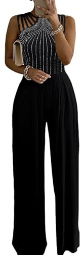 CHICME Women's One Piece Jumpsuit Rhinestone Cutout Ruched Wide Leg Jumpsuit Overall Long Pants-bk-L