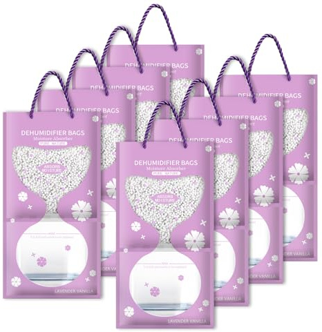 Deumidificatore sacchetto da appendere, 8 confezioni da 95 g, deumidificatore per guardaroba, bagno, cucina, cantina, auto, contro umidità, anti-muffa, deodorante (viola, 8)
