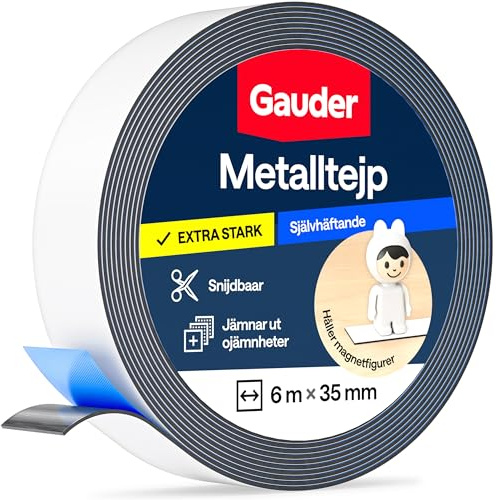 GAUDER Självhäftande metallband för magneter (6 m x 35 mm - vit) | Flexibelt magnetiskt hållarband & magnetremsa för Tonie-figurer och hyllor - ferroband för pyssel och organisering