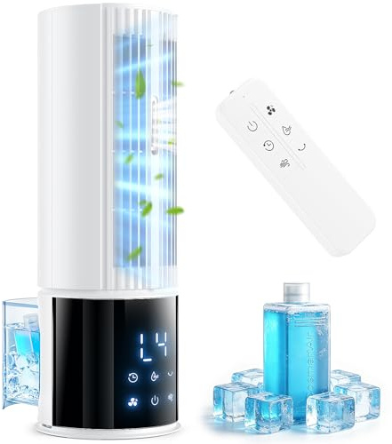 Condizionatore d'aria portatile, 3 velocità, modalità tempesta, oscillazione 45/90°, timer 8 ore, 1 cartucce di refrigerante, serbatoio rimovibile, ideale per casa, ufficio e camper (bianco)