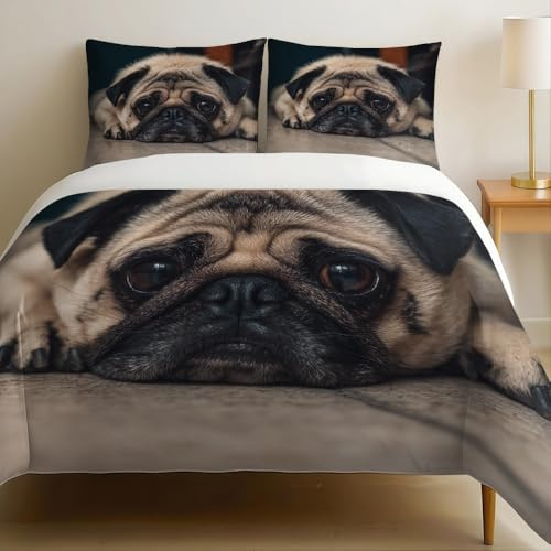 Copripiumino 140 x 200 cm carlino animale Set Biancheria da Letto in Microfibra Stampa marrone con Federe e Chiusura a Cerniera
