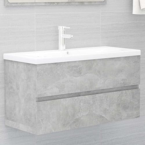 Ordellia Tvättställsskåp, betonggrå av trämaterial med inbyggd keramisk diskbänk 91 x 39 x 18 cm, 1 låda, push-open-avloppsarmatur, för badrum och gäster, WC med förvaringsutrymme och modern