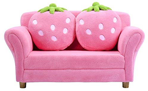 Costzon Kids Couch, Double Seat Pink Children's Sofa with 2 Strawberry Pillows, Toddler Armrest Chair for Bedroom, Living Room, Large Soft for Kids Loveseat for Baby Girls Pets Preschool Gifts