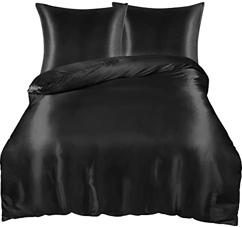 PiccoCasa Satin Bettwäsche 155x200cm Schwarz 3tlg Uni Glatt Luxus Seide Bettbezug mit Reißverschluss und Kissenbezug 80x80cm kuschelig weich Bettwäsche-Sets
