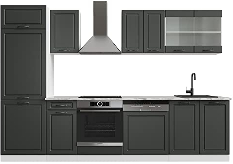 Vicco Küchenzeile R-Line, Anthrazit Landhaus/Weiß, 300 cm ohne Arbeitsplatte