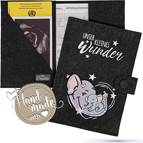 Emadele Mutterpasshülle Elefant 'Unser Kleines Wunder' aus Filz Handmade Dunkelgrau. Mutterpass Schutzhülle Organizer Fächer für Ultraschallbilder, Impfpass-Hülle A5 Format für deutschen Mutterpass