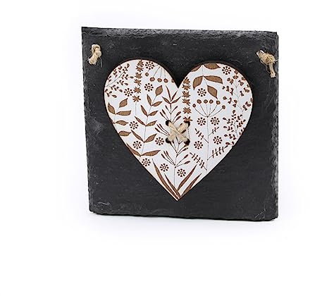 Skifferskylt med graverat trähjärta blommigt motiv gräs – skylt ytterdörr ingång dörrskylt dörrdekoration hjärta välkomstskylt 11 x 11 cm