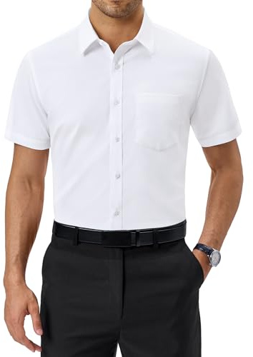 Alimens & Gentle Short Sleeve Dress Shirts for Men Regular Fit Casual Formal Summer White Button Down Shirt with Pocket
