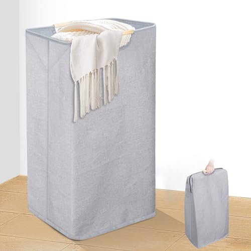 Zivacate 100L Cesto Ropa Sucia, XL Extra Grande Cesta Ropa Sucia, Cesto para Ropa Sucia Plegable, Cesto para Ropa sucia con un mango de madera, Cesta de Ropa Sucia para Lavandería Dormitorio Baño Gris