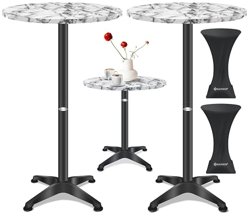 KESSER® 2in1 Stehtisch Bistrotisch 2er Set | Aluminium Edelstahlplatte | höhenverstellbar 70cm / 115cm | Partytisch Tisch Ø 60cm | Rund | In- & Outdoor | Empfangstisch | Inkl. Husse | Marmor