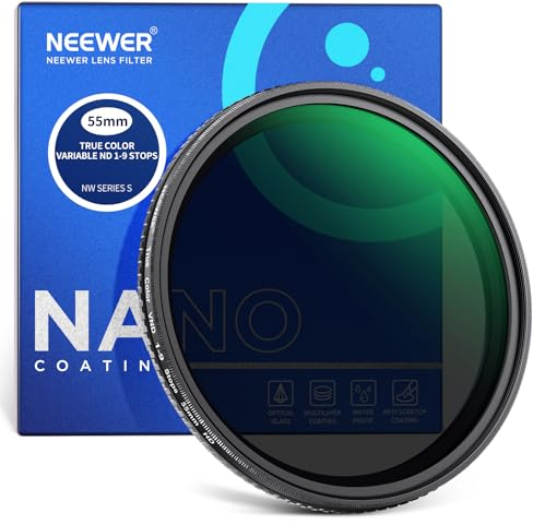 NEEWER 55mm True Color Variable ND2-ND400 Filtro, Hard Stops Filtro VND Densidad Neutra Ajustabl con Vidrio Óptico HD Revestimiento Múltiple/Marco Aluminio/Repelente al Agua/Resistente a Arañazos