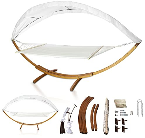 Fiqops Hängematte XXL mit Gestell und Sonnendach 410cm, Liegefläche 200x150 cm, Hammock aus wetterfestem Lärchenholz bis 200kg, Stabhängematte für 2 Personen Outdoor und Indoor