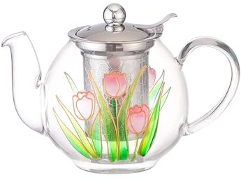 Cottea Små tekannor i glas med tesil och lock för lös te, diskmaskin- och spissäker, 1 000 ml, tulpan