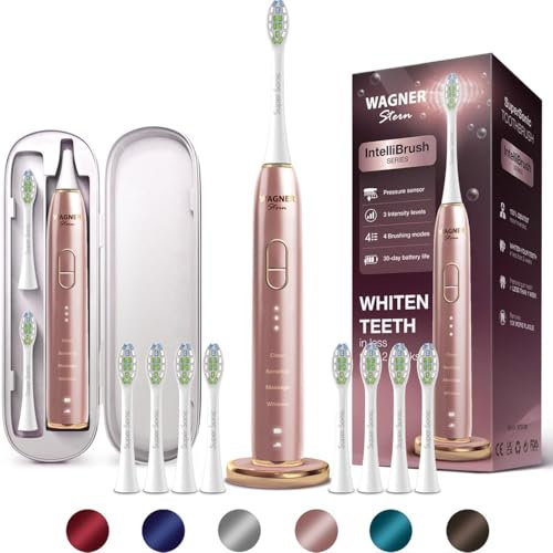 Wagner Stern IntelliBrush Series Whitening Electric Toothbrush with Pressure Sensor. Offers 4 Brushing Modes, 3 intensities, 8 Soft Brush Heads, and a Luxury Travel case.