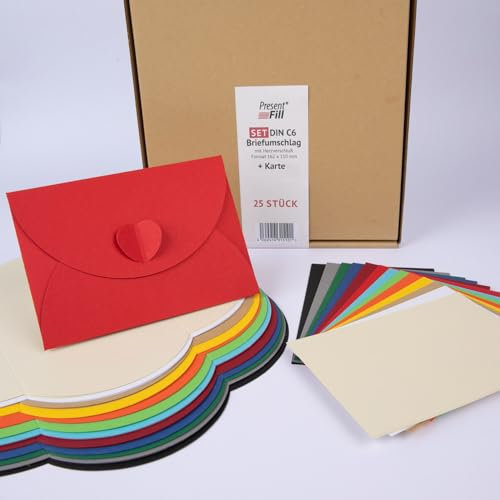 PresentFill® - blanko Falt-Karten inkl. Briefumschläge mit Herz Verschluß - 26er Set - Bunt - Klappkarten zum selbst gestalten, beschriften oder bedrucken - DIN A6 / C6