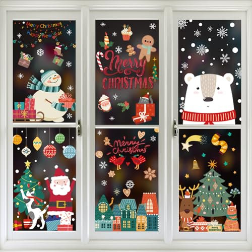 LIHELEI 205 immagini per finestre di Natale, acquerello, decorazione per finestre di Natale, riutilizzabili, autoadesive, fiocchi di neve per finestre, decorazioni natalizie