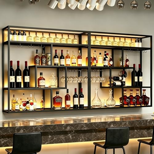 RAJYQODIS Portabottiglie da parete in stile industriale con portabicchieri, portabottiglie a 4 Livelli, espositore per liquori in ferro per bar di casa, portabottiglie da cucina (Black, 240cm)