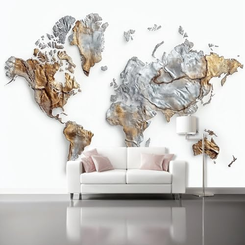 Carta da parati moderna, 250 x 175 cm Poster Gigante Design Carta per Pareti 3D Mappa del mondo dell'arte con texture in metallo per camera letto,soggiorno, Decorazione da Muro Oro Argento