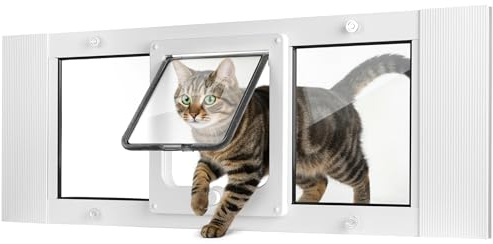Slevoo Cat Door for Window, 10-Min No-Cut Installation, Adjustable Width of 31-36, Upgraded 4-Mode Knob Lock, Weatherproof Aluminum Frame Cat Door Window Insert for Cats & Small Dogs