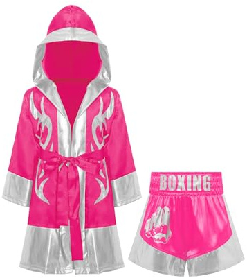 Eandarui barn, pojke, boxerkostym, långärmad, satin, huvkappa med bälte, muay thai shorts, kickboxing set för 5–16 år, rosa silver C 146–152