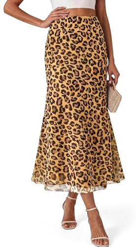 Wenrine Falda larga con estampado de leopardo con flores, falda larga, cintura alta, falda maxi casual con lunares