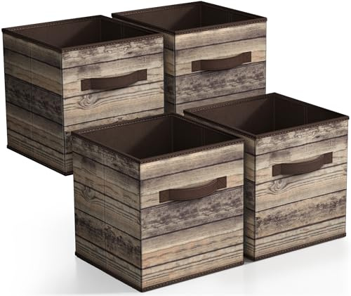 Sorbus Foldable Storage Cube Basket Bin, Rustic Wood Grain Print, 4-Pack (Rustic Bin - Brown)