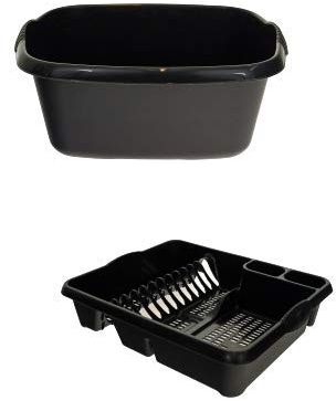 Set of 2 Plastic Kitchen Large Dish Drainer With Rectangular Washing Up Bowl - Mid-night Black (Darkish Grey)