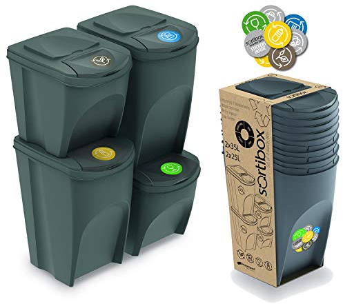 Uppsättning av 4 återvinningskubbar (2 x 35 l och 2 x 25 l) prosperplast sortilåda av grå plast