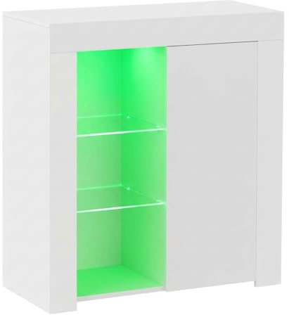 Panana Sideboard Storage Cupboard High Gloss Front Cabinet RGB Multicolor LED Lighting with Doors and Shelves Living Room Furniture (White)