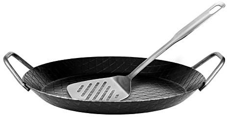 GRÄWE Padella in ferro battuto F 400, Ø 32 cm, padella in ferro con manici, resistente al calore 400 °C, padella in ferro, padella antigraffio non rivestita, adatta a induzione, con paletta