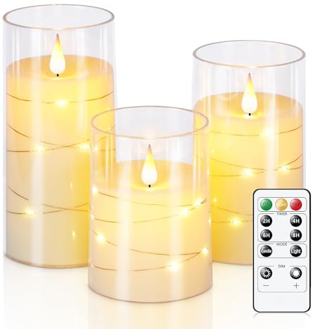 Homemory Flackernde Flammenlose Kerzen mit Lichterkette, Batteriebetriebene Kerzen mit Fernbedienung und Timer, Eingebettete Lichterkette, Unzerbrechliche LED-Kerzen, Elfenbeinweiß, 3er-Set