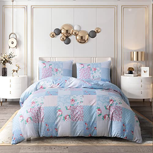 PRIME LINENS Duvet Cover Set 4 Pcs Brushed Microfibre Quilt Cover Bedding Set With Pillow Cases and Extra Fitted Sheet Included Easy Care (Floral Blue, Super King)