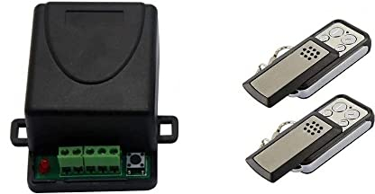 Receptor inalámbrico universal de 1 canal + 2 mandos a distancia para operar cualquier puerta de garaje, sistema de alarma, algunos otros dispositivos 12-24 V CC, 433,92 MHz NO/NC