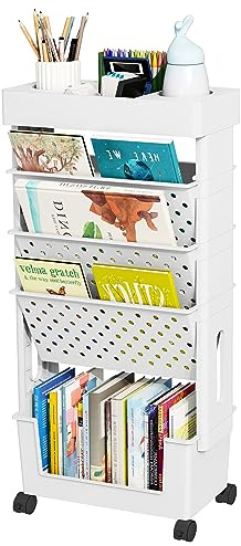 yeavs 5-Tier Mobile Bookshelf, Rolling Bookcase Book Storage Rack, Movable File Folder Organizer Cart with Wheels for Home Study Office Living Room Classroom, White