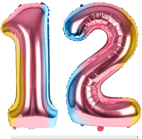 LAPONO Globos de Cumpleãnos 12 Colores, 83CM Número 1 y 2 Arcoiris Globo Helio Inflable de Lámina Decoracion Cumpleaños 12, 21 Años Niños Globo Numeros Gigantes para Boda Aniversario Fiestas