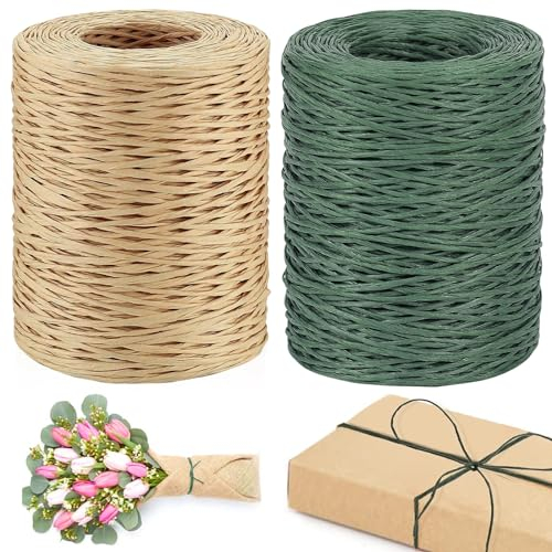 NINGYER 2 x 200m Fil de Fer Papier, 2mm Ficelle de Raphia, fil Armé Kraft, Convient Pour Les Bouquets, les Mariages, la Décoration de Cadeaux et le Bricolage (Vert, Marron Clair)