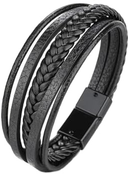 Bracciale Bracciale pelle uomo - classico bracciale intrecciato a mano nero e marrone magnetica incisa braccialetto uomo regalo-Bracciale Uomo Pelle Serratura Magnetica in Acciaio Inossidabile