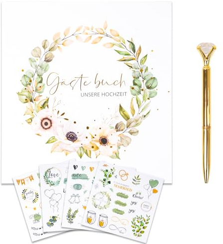 CIMOYBAI Hochzeitsbuch, Gästebuch Hochzeit mit Aufkleber und Stift, Blanko Hochzeitsgästebuch, 21x21cm, 120 Seiten, Hochzeitsalbum, Gästebuch Geburtstag, Taufe, Polterabend, Eukalytpus weiß