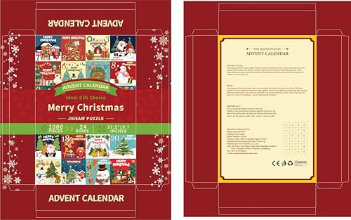 Advent Calendar 2025 Puzzle, Christmas Jigsaw Puzzles 1008PCS for Kids Adults Christmas 24 Days Calendar Countdown Advent Puzzle in 24 Boxes