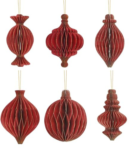 6Pcs Boule Noël Décoration à Suspendre en Papier Suspension pour Sapin Fenêtre Plafond Escalier (Rouge)