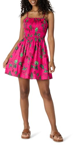 Amazon Essentials Robe à Corsage Smocké en Satin de Coton, Coupe Classique Femme, Rose Incandescent Rouge Leafy Floral, XL