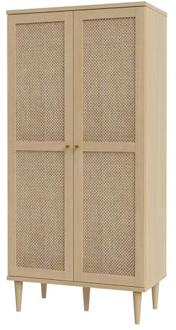 FORTE CALASETTA Kleiderschrank 80, Schrank im Boho-Stil, Wiener Geflecht, Holzdekor Elegancia Eiche/Technorattan, 80 cm breit x 167 cm hoch x 41 cm tief