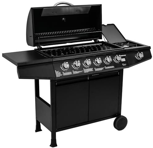 Amig - Barbacoa de gas Fireplus 6+1 de 12,9 kW - Acero inoxidable Negro - Parrilla con ruedas Modelo GRILL-6F - Barbacoa XXL con carro y termómetro - 138x52x103 cm - 7 quemadores y Bandeja lateral