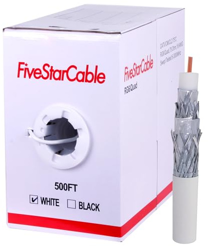 FiveStarCable RG6 500ft Quad Shielded Coaxial Cable - Easy Pull Box, Black & White, ETL, CL2 Rated, 18 AWG, 75 Ohm, for HDTV, Satellite, Cable TV, Internet, and CCTV Installations (White, 500 Ft)