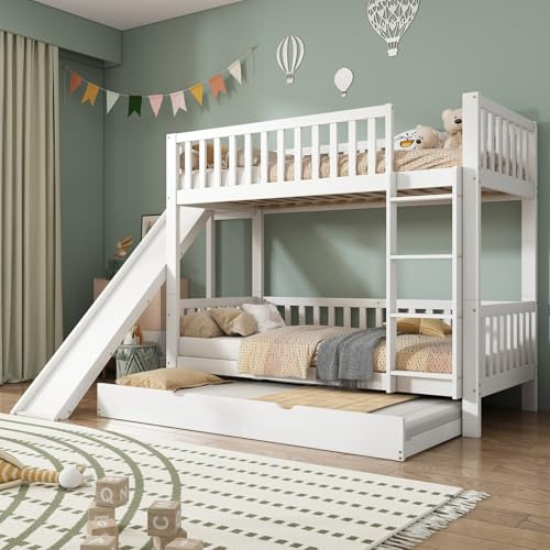 PUGSDRLY Lit Superposé Enfant avec Toboggan,lit Gigogne,Barrière Surélevée,Lit Enfants Superposé 3 Places 90x200 cm avec Échelle,Sommier à Lattes,pour Garçons Filles (A)